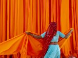 India, Rajasthan, local woman working at a Sari factory